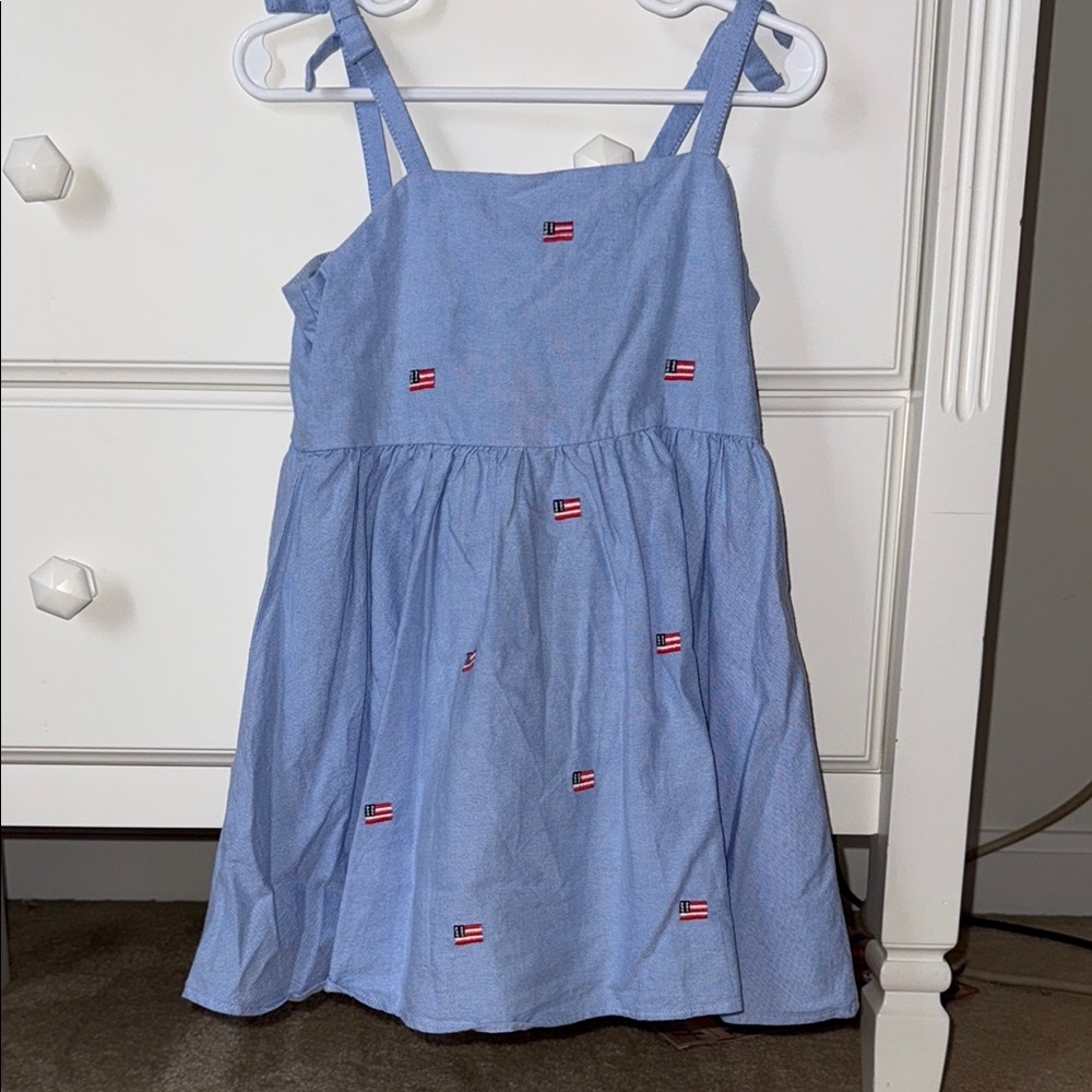 Janie and Jack Blue toddler girl Dress with embroidered flags. 3t.